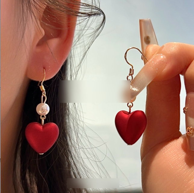 Red Heart Shaped Pearl Earrings for Fall/Winter Fashion
